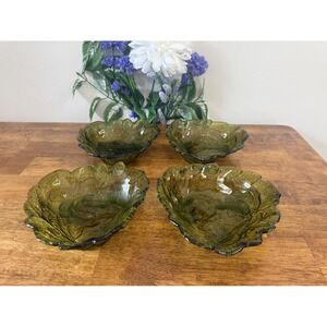 Vintage Olive Green Leaf Grape Pattern Glass Bowls‎ Retro Green Dining Party